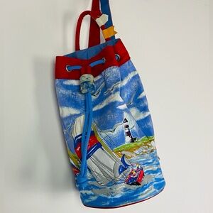Nautical Drawstring Bucket Bag in Blue and Red